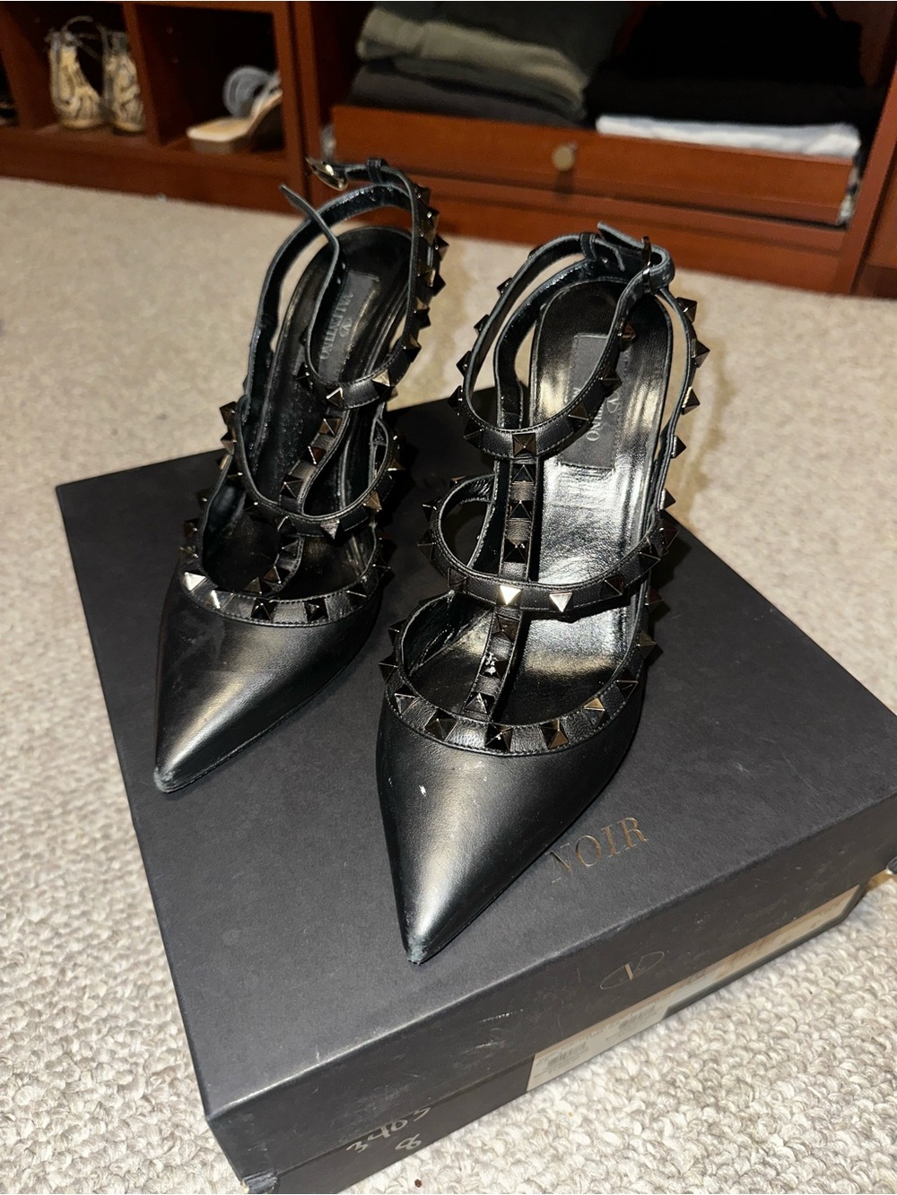 Valentino Black Studded Pointed-Toe T-Strap Heels